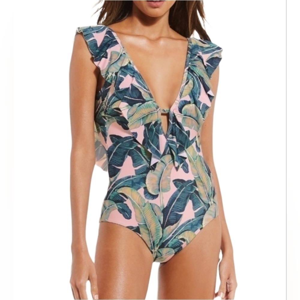 Gianni Bini Tropical Leaf Print Plunge Ruffle Detailed Swimsuit XL